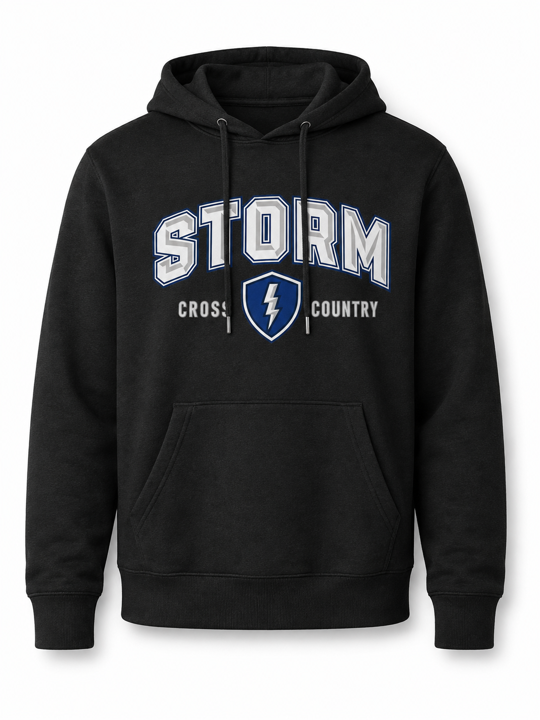 A black pullover hoodie with a front kangaroo pocket and drawstrings, featuring a graphic on the chest that reads 'STORM CROSS COUNTRY' in white and blue, with a blue shield and lightning bolt in the center.
